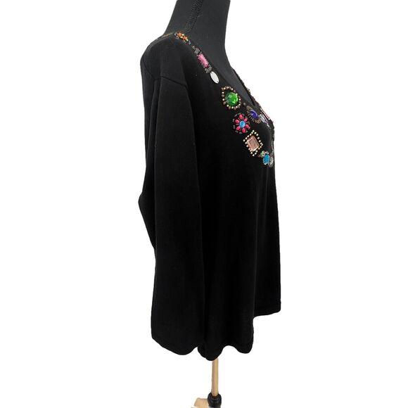 Jack B Quick Jeweled Black Embellished Sequins Beaded Cotton Blend Sweater XL - Picture 2 of 6